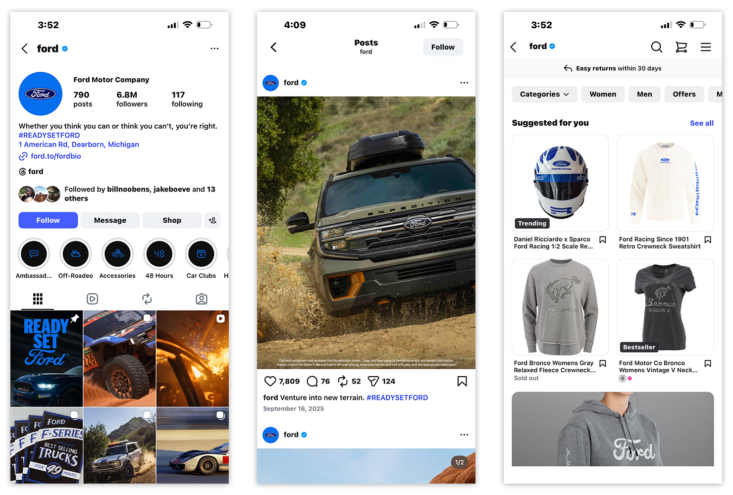 The brand's Instagram profile, a vehicle post with no product tags, and a shop that only offers apparel