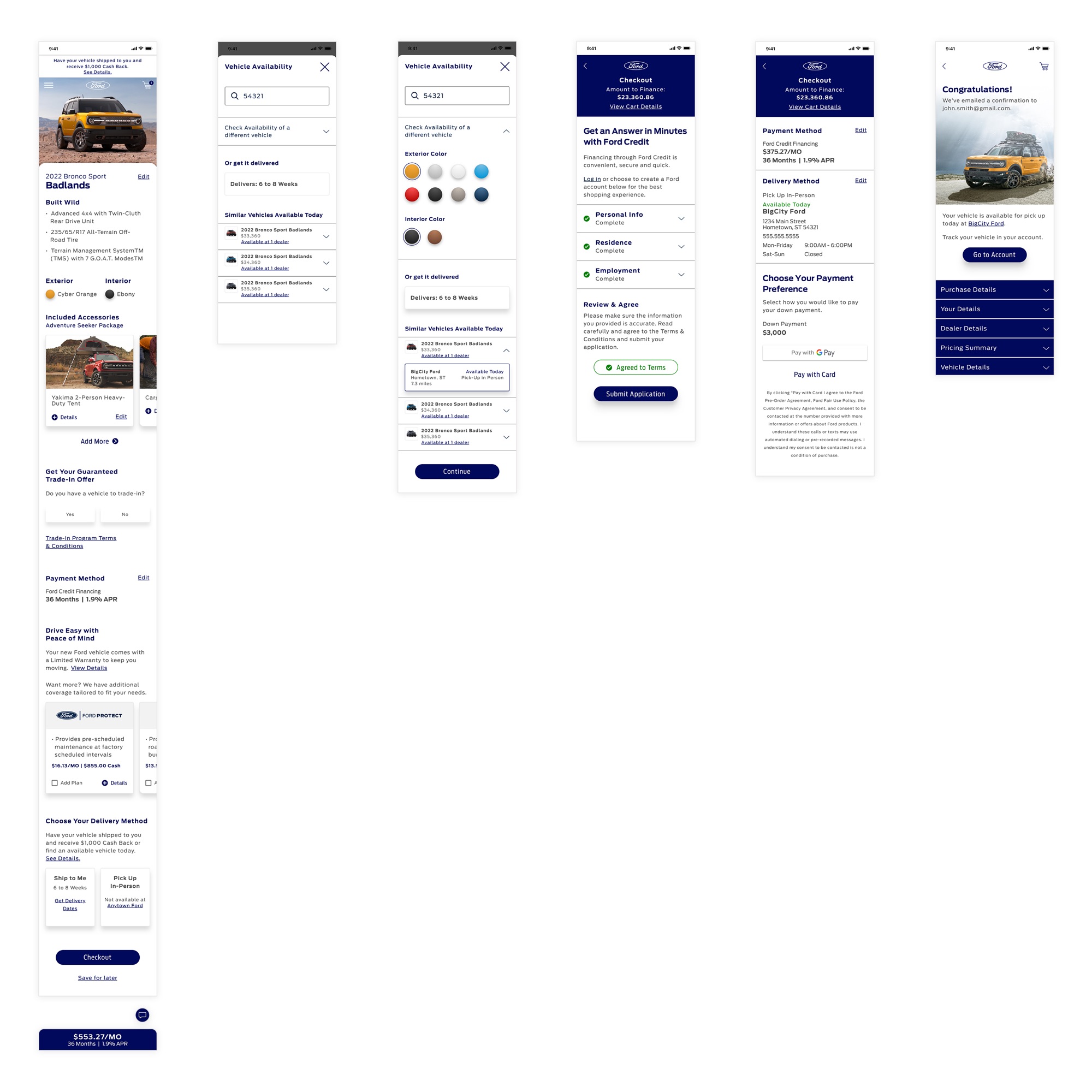 Brand checkout screens: buy online, vehicle availability, the financing application, payment and confirmation