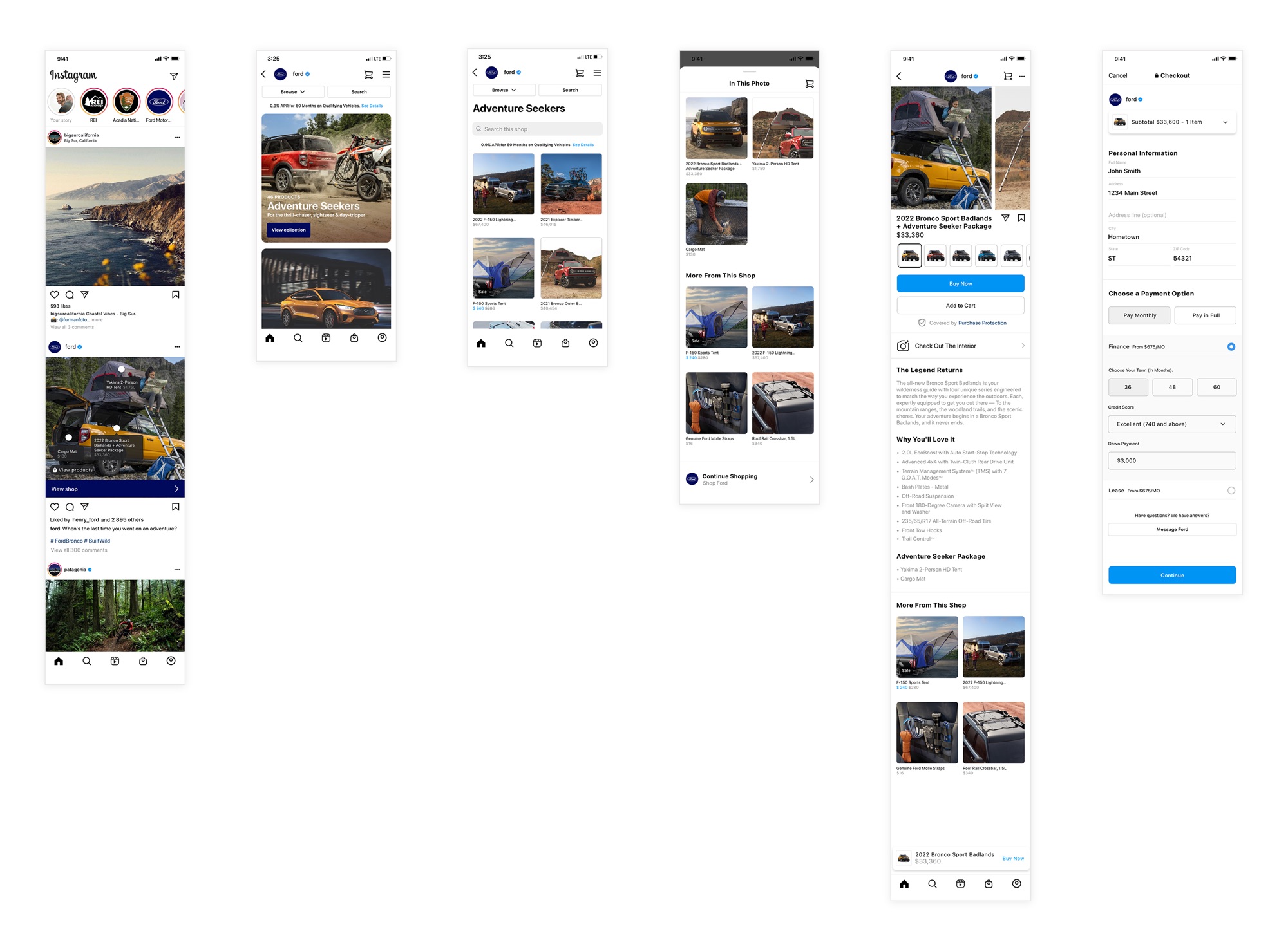 Instagram screens: the brand's post with product tags, its shop, the Adventure Seekers collection, the In This Photo sheet, the product page and Instagram checkout