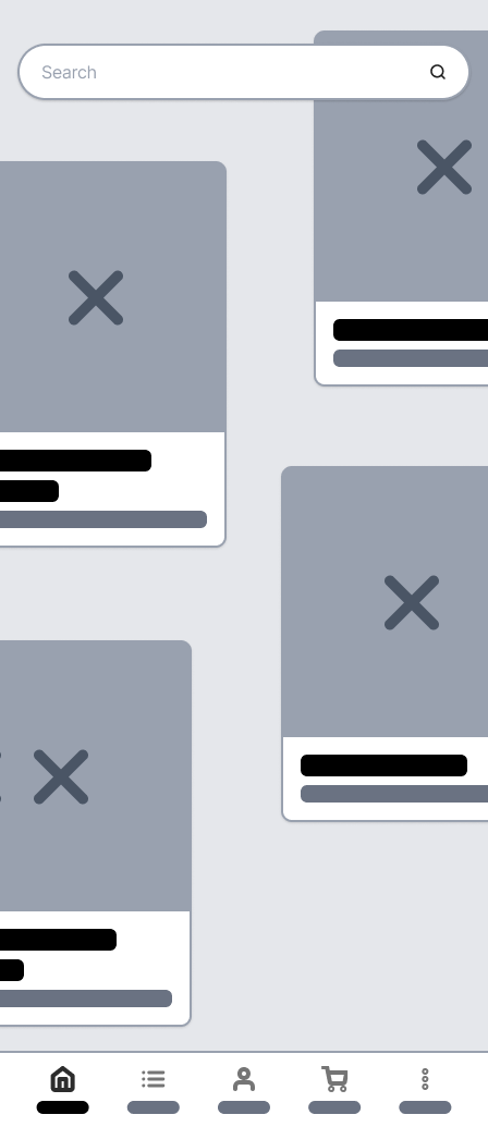 Exploratory homepage wireframe showing card-based layout with search bar and bottom navigation