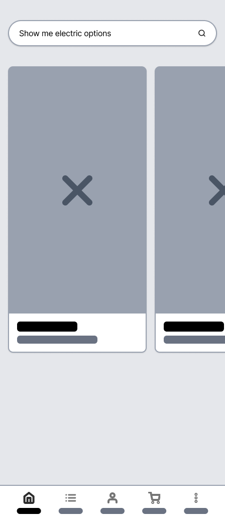 Search results wireframe showing filtered vehicle cards with action buttons