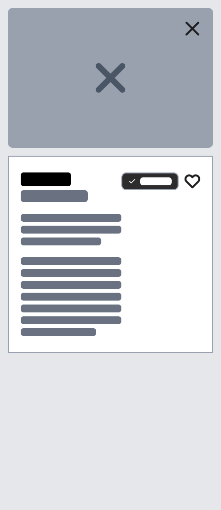 Card details wireframe showing vehicle hero image, toggle controls, and content panel