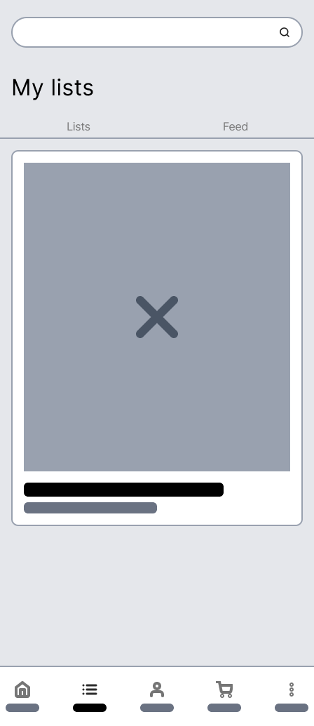 Saved items wireframe showing My Lists view with saved vehicle card